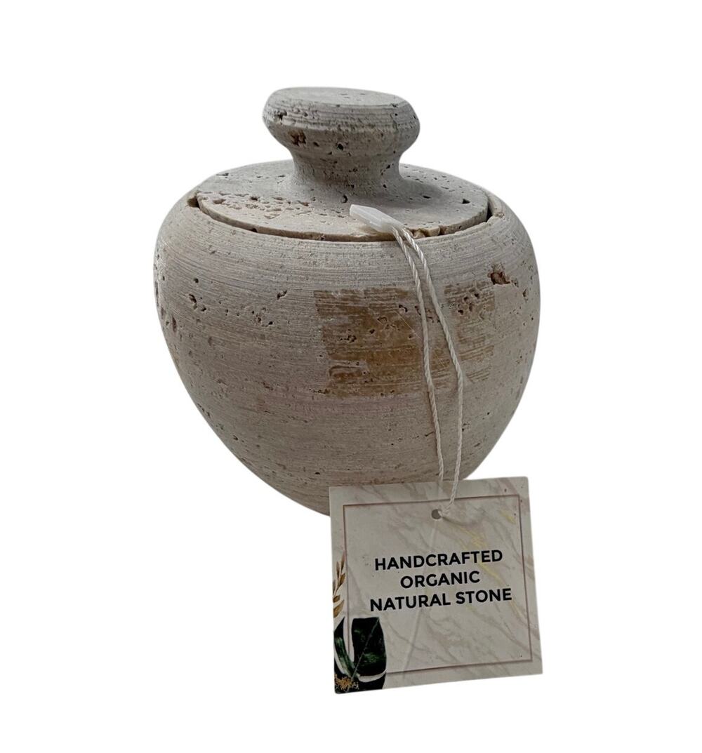 Handcrafted Organic Natural Stone Lidded Vessel Jar Decor Beige Cream NWT